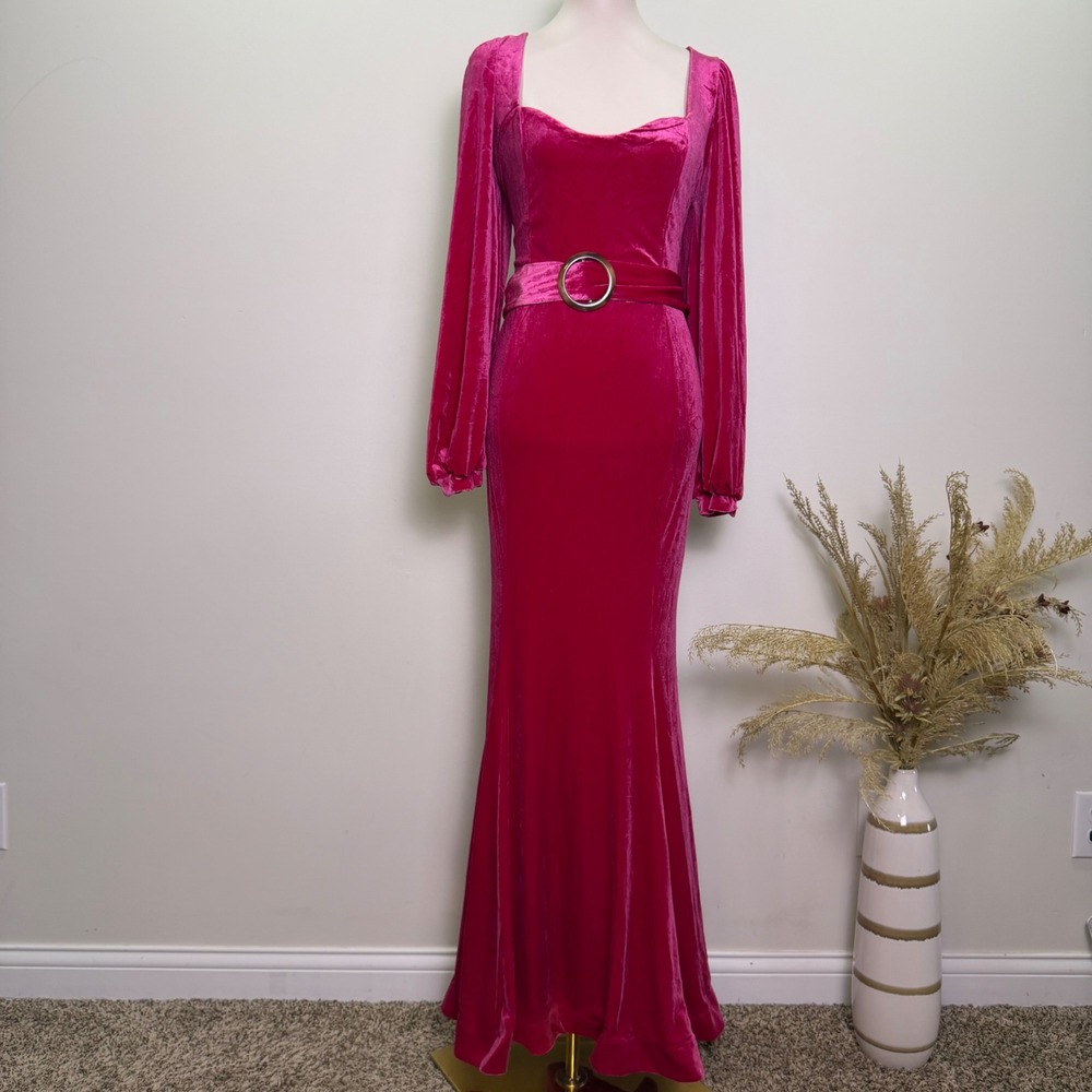 Missord Size 2XL Hot Pink Velvet Long Sleeve Belted Maxi Gown